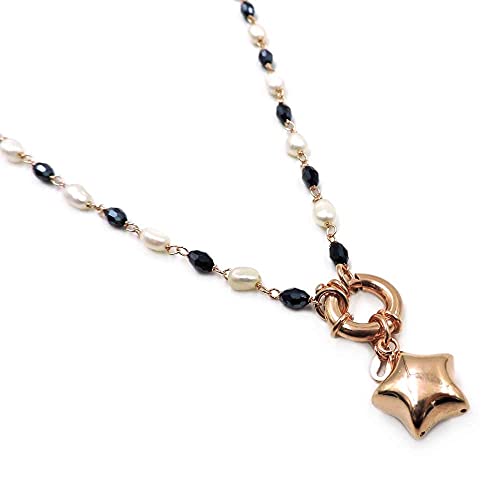 Halskette mit natürlichen Perlen und blauen Zirkonia mit Stern aus Silber vergoldet mit Roségold, 925er Silber, rosévergoldet, Silber, Gold, Perlen von Damiano Argenti