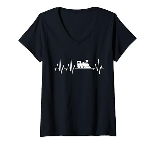 Damen Eisenbahn Herzschlag Lokomotive EKG Zugführer Eisenbahner T-Shirt mit V-Ausschnitt von Dampflok Herzschlag Modelleisenbahn Lokomotive