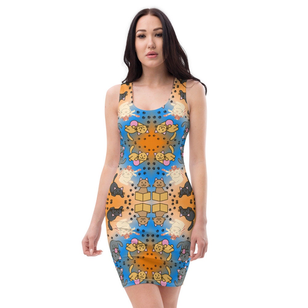 Damen Katze Print Designer Fitted Kleid, Selten, Blau Und Bronze, So Unikat von DanaEMArtandFashion