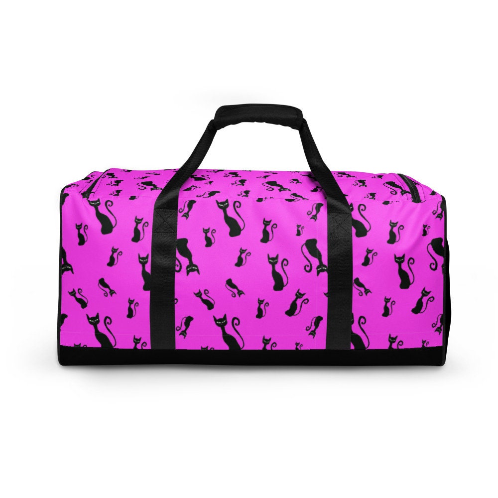 Große Hochwertige Katze Print Duffel Tasche, Rosa Und Schwarz, Nachtgepäck, Oder Turnbeutel von DanaEMArtandFashion