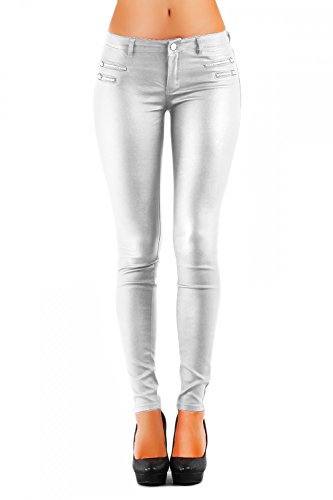 Damen Hose Hüft Kunstlederhose Skinny (No:323) (36, Silber) von Danaest