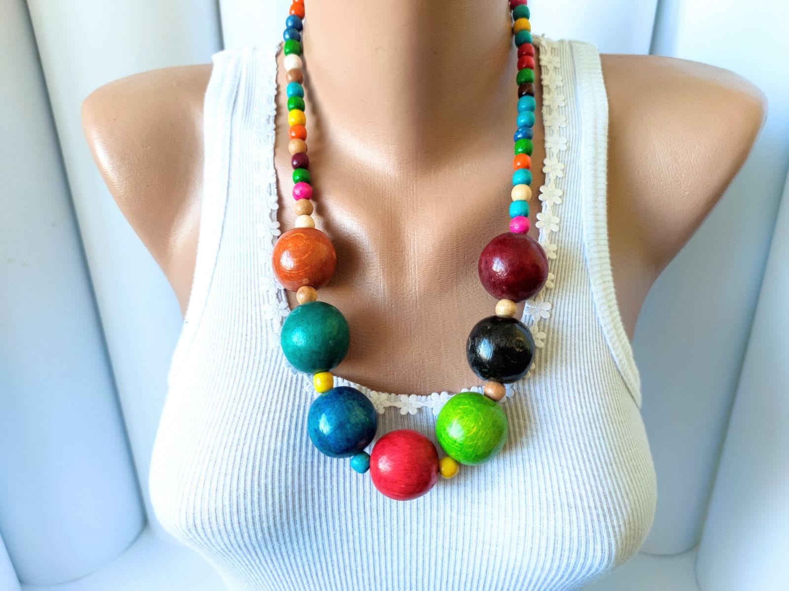 Bunte Klobige Halskette, Holzperlen Große Boho Kette, Lange Holz Halskette, Schmuck von DanajewelryUA