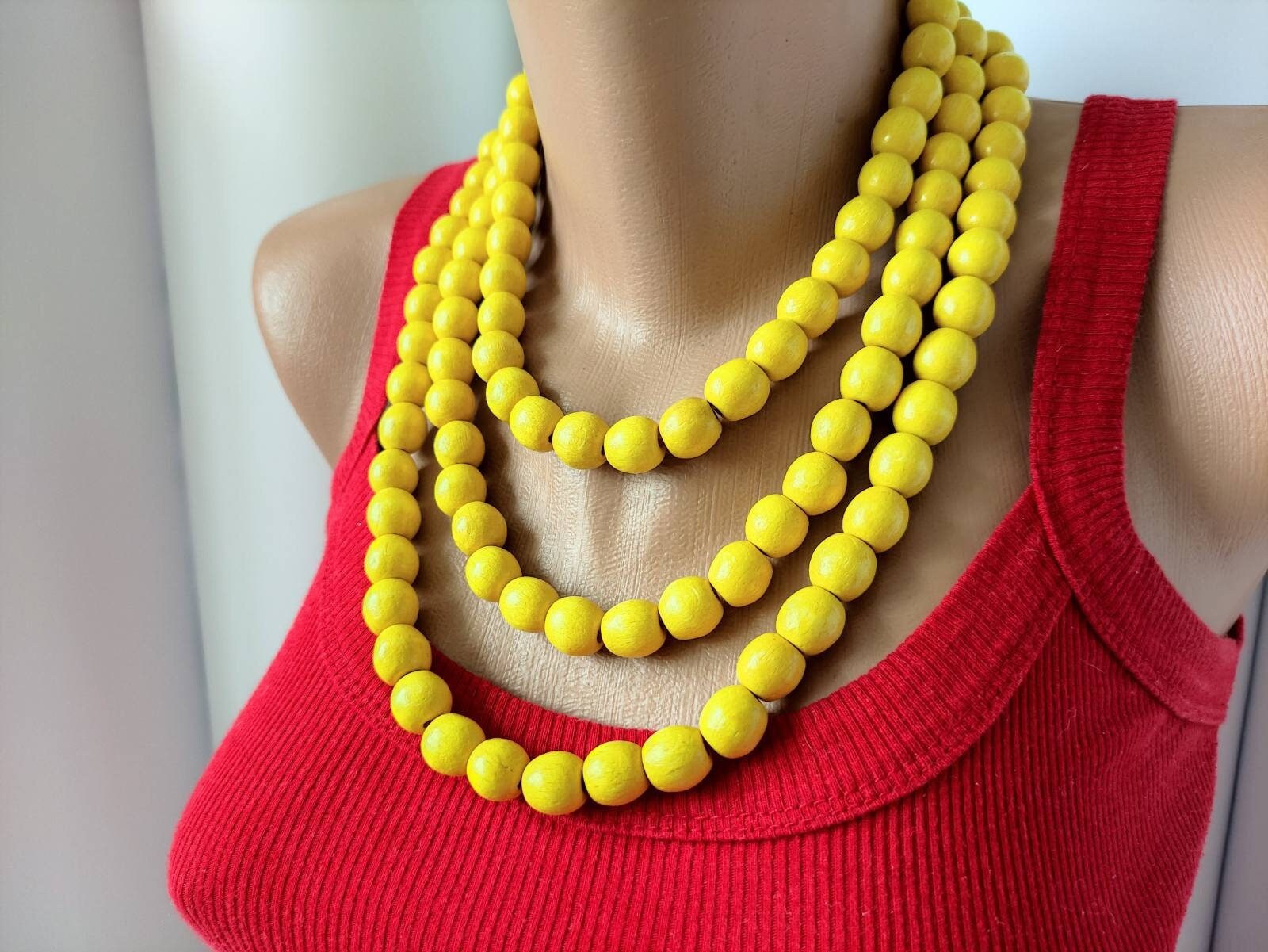 Chunky Halskette, Multi-Schicht-Holz Perlenkette, Holzperlenkette, Große Gelbe Boho Holz Halskette von DanajewelryUA