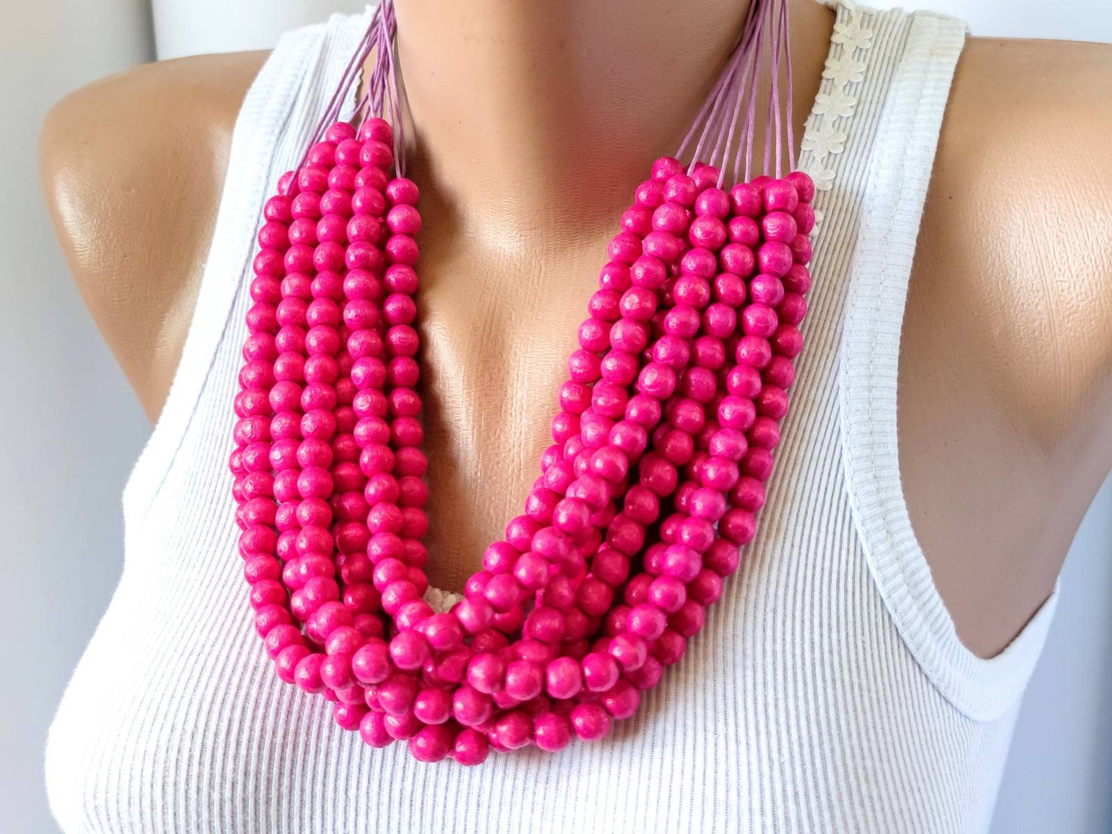 Hot Pink Schichte Perlenkette, Schichtung Holz Chunky Multi Layer Holz Strang von DanajewelryUA