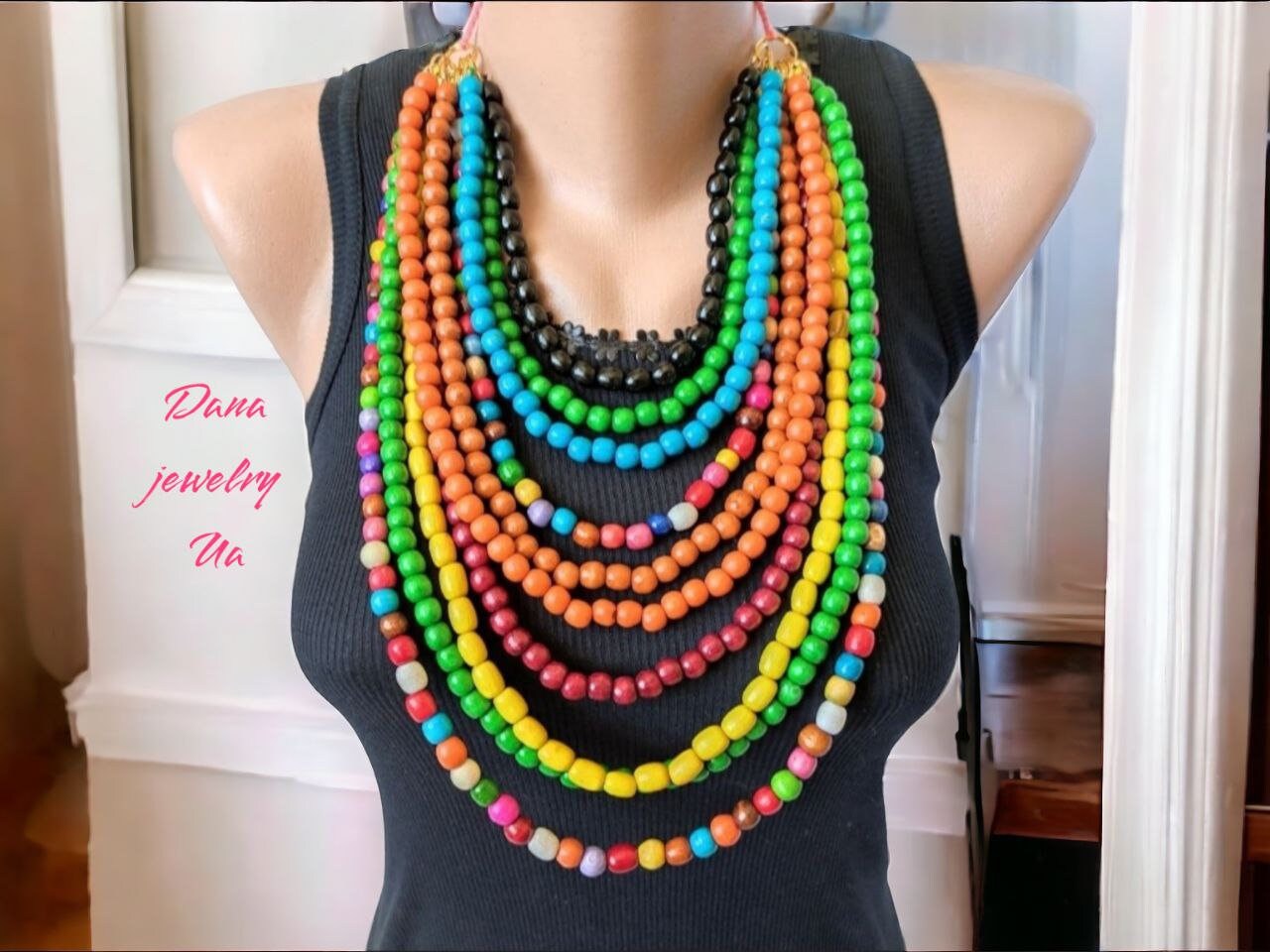 Multi Farbe Großen Klobigen Perle Halskette, Große Strang Lange Holz Statement Mutige Chunky Halskette von DanajewelryUA