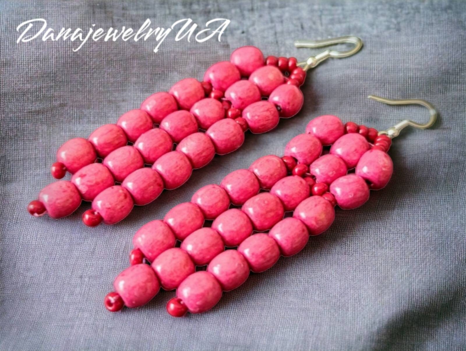 Rosa Lange Ohrringe, Holz Kronleuchter Boho Big Bold Perlen Ohrringe Für Sie, Holzperlen Rosa Lange Ohrringe, Holz Kronleuchter Boho Big Bold Perlen Ohrringe Für Sie, Holzperlen von DanajewelryUA