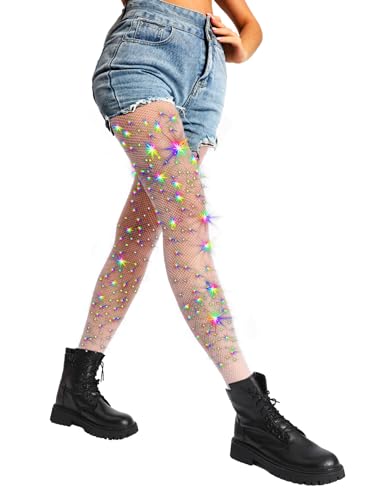 DancMolly Damen Funkeln Strass Netzstrumpfhose, 20 Volltonfarben 3 Stile Glitzer Fischernetz Strumpfhosen mit Hoher Taille von DancMolly