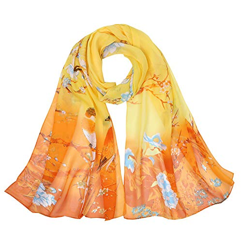 Dancila Damen Seidenschals Frauen Blumen Printed Soft Silk Chiffon Schal Wrap Schals Halstuch 155 * 50cm Tücher Schlauchschal (Gelb/Orange Gemischt) von Dancila