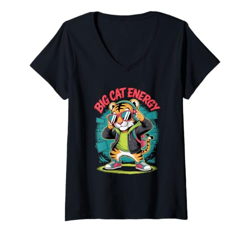 Damen Cooler Dabbing Tiger mit Sonnenbrille, Tanzender Tiger, große Katze T-Shirt mit V-Ausschnitt Damen Cooler Dabbing Tiger mit Sonnenbrille, Tanzender Tiger, große Katze T-Shirt mit V-Ausschnitt von Dancing Dabbing Tiger With Sunglasses
