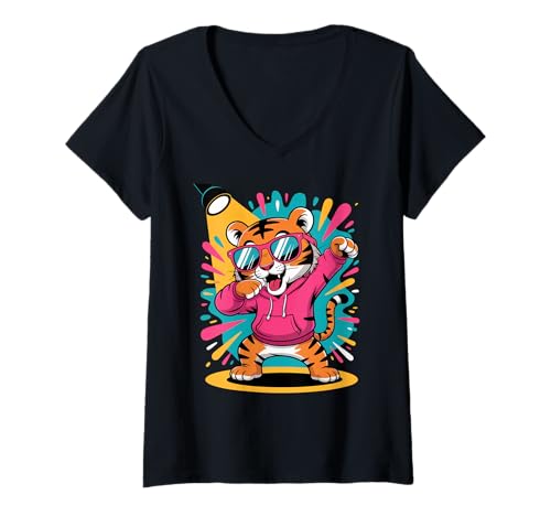 Damen Cooler Dabbing Tiger mit Sonnenbrille, Tanzender Tiger, große Katze T-Shirt mit V-Ausschnitt Damen Cooler Dabbing Tiger mit Sonnenbrille, Tanzender Tiger, große Katze T-Shirt mit V-Ausschnitt von Dancing Dabbing Tiger With Sunglasses
