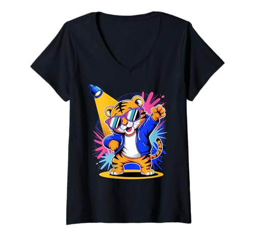 Damen Cooler Dabbing Tiger mit Sonnenbrille, Tanzender Tiger, große Katze T-Shirt mit V-Ausschnitt Damen Cooler Dabbing Tiger mit Sonnenbrille, Tanzender Tiger, große Katze T-Shirt mit V-Ausschnitt von Dancing Dabbing Tiger With Sunglasses