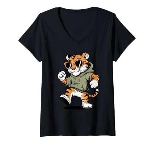 Damen Cooler Dabbing Tiger mit Sonnenbrille, Tanzender Tiger, große Katze T-Shirt mit V-Ausschnitt von Dancing Dabbing Tiger With Sunglasses