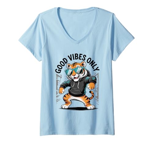 Damen Cooler Dabbing Tiger mit Sonnenbrille, Tanzender Tiger, große Katze T-Shirt mit V-Ausschnitt von Dancing Dabbing Tiger With Sunglasses