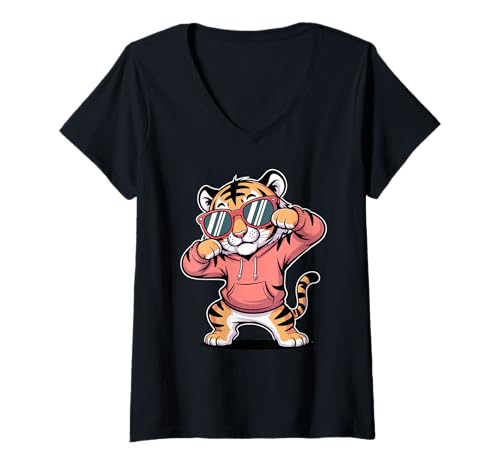 Damen Cooler Dabbing Tiger mit Sonnenbrille, Tanzender Tiger, große Katze T-Shirt mit V-Ausschnitt von Dancing Dabbing Tiger With Sunglasses