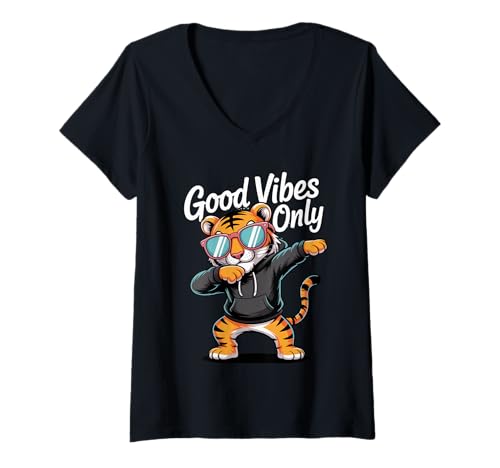 Damen Cooler Dabbing Tiger mit Sonnenbrille, Tanzender Tiger, große Katze T-Shirt mit V-Ausschnitt von Dancing Dabbing Tiger With Sunglasses