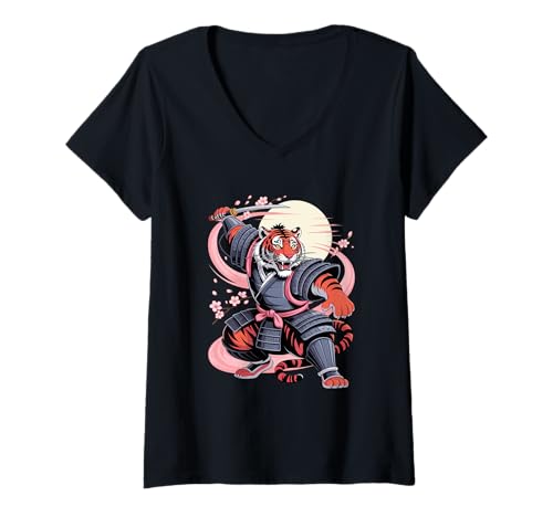 Damen Dabbing Tiger mit Sonnenbrille tanzendes Dabbing Tier T-Shirt mit V-Ausschnitt von Dancing Dabbing Tiger With Sunglasses