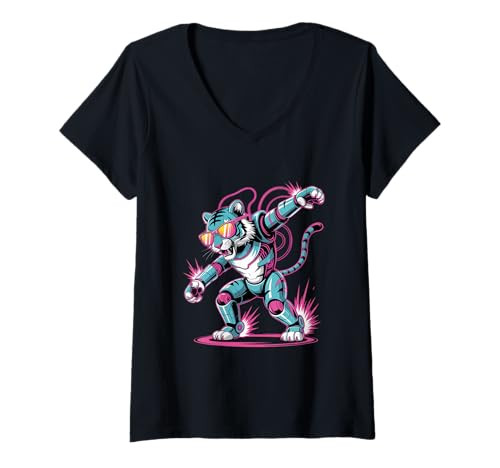 Damen Dabbing Tiger mit Sonnenbrille tanzendes Dabbing Tier T-Shirt mit V-Ausschnitt von Dancing Dabbing Tiger With Sunglasses