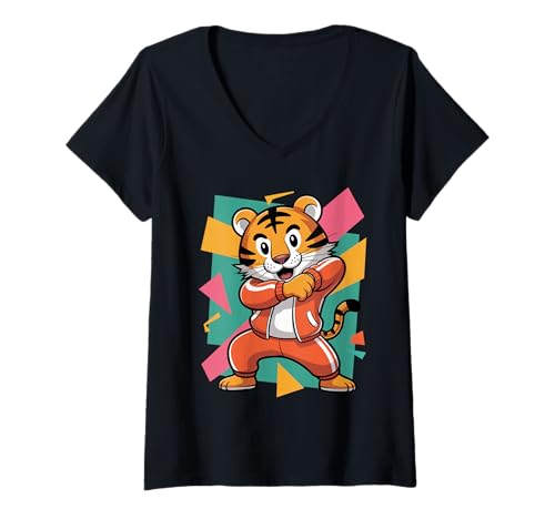 Damen Dabbing Tiger mit Sonnenbrille tanzendes Dabbing Tier T-Shirt mit V-Ausschnitt von Dancing Dabbing Tiger With Sunglasses