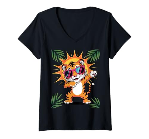 Damen Dabbing Tiger mit Sonnenbrille tanzendes Dabbing Tier T-Shirt mit V-Ausschnitt von Dancing Dabbing Tiger With Sunglasses