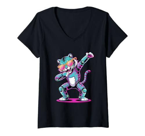 Damen Dabbing Tiger mit Sonnenbrille tanzendes Dabbing Tier T-Shirt mit V-Ausschnitt von Dancing Dabbing Tiger With Sunglasses