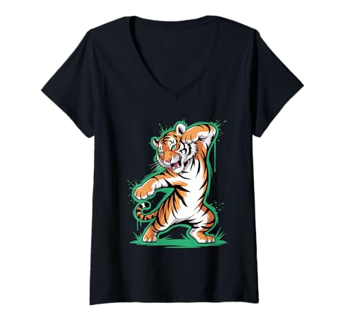 Damen Dabbing Tiger mit Sonnenbrille tanzendes Dabbing Tier T-Shirt mit V-Ausschnitt von Dancing Dabbing Tiger With Sunglasses