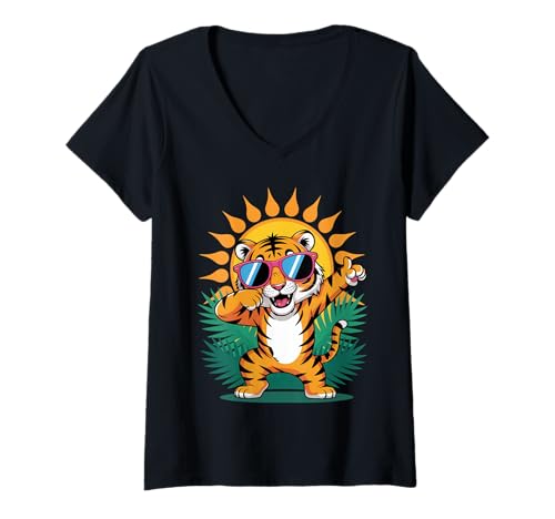 Damen Dabbing Tiger mit Sonnenbrille tanzendes Dabbing Tier T-Shirt mit V-Ausschnitt von Dancing Dabbing Tiger With Sunglasses