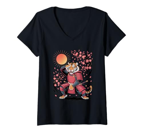 Damen Dabbing Tiger mit Sonnenbrille tanzendes Dabbing Tier T-Shirt mit V-Ausschnitt von Dancing Dabbing Tiger With Sunglasses
