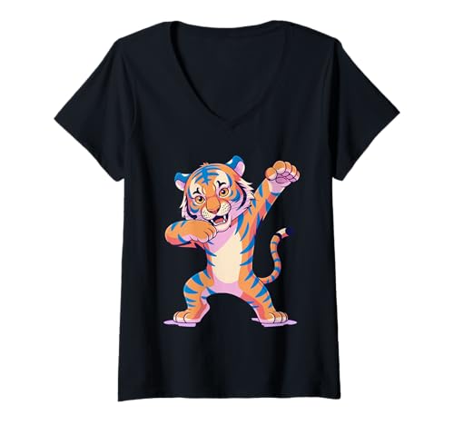 Damen Dabbing Tiger mit Sonnenbrille tanzendes Dabbing Tier T-Shirt mit V-Ausschnitt von Dancing Dabbing Tiger With Sunglasses