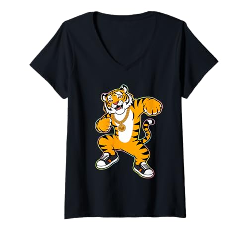 Damen Dabbing Tiger mit Sonnenbrille tanzendes Dabbing Tier T-Shirt mit V-Ausschnitt von Dancing Dabbing Tiger With Sunglasses