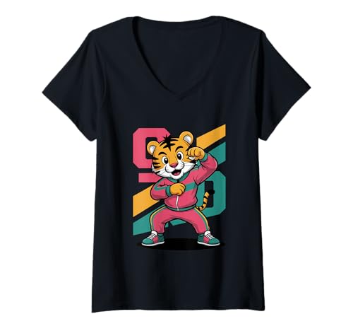 Damen Dabbing Tiger mit Sonnenbrille tanzendes Dabbing Tier T-Shirt mit V-Ausschnitt von Dancing Dabbing Tiger With Sunglasses