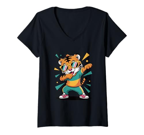 Damen Dabbing Tiger mit Sonnenbrille tanzendes Dabbing Tier T-Shirt mit V-Ausschnitt von Dancing Dabbing Tiger With Sunglasses