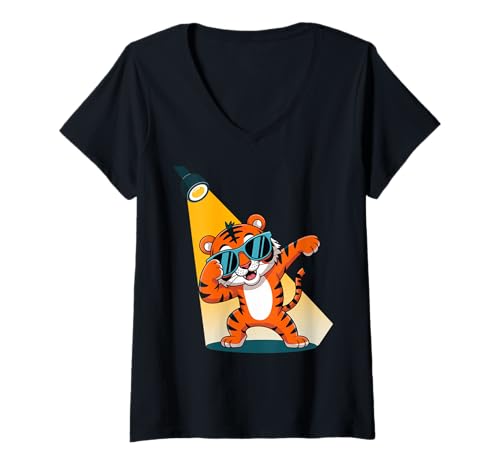 Damen Dabbing Tiger mit Sonnenbrille tanzendes Dabbing Tier T-Shirt mit V-Ausschnitt von Dancing Dabbing Tiger With Sunglasses