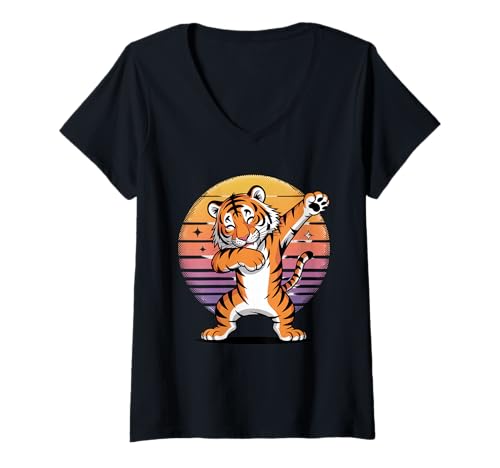 Damen Dabbing Tiger mit Sonnenbrille tanzendes Dabbing Tier T-Shirt mit V-Ausschnitt von Dancing Dabbing Tiger With Sunglasses