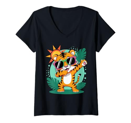 Damen Dabbing Tiger mit Sonnenbrille tanzendes Dabbing Tier T-Shirt mit V-Ausschnitt von Dancing Dabbing Tiger With Sunglasses