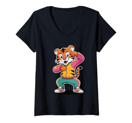 Damen Dabbing Tiger mit Sonnenbrille tanzendes Dabbing Tier T-Shirt mit V-Ausschnitt von Dancing Dabbing Tiger With Sunglasses