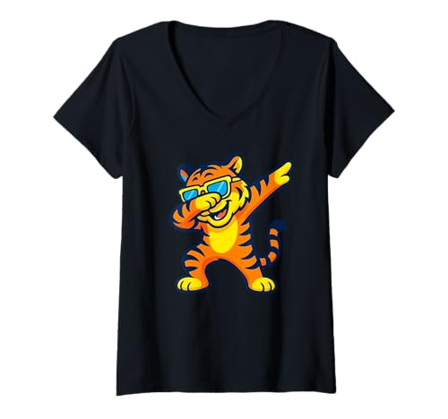 Damen Dabbing Tiger mit Sonnenbrille tanzendes Dabbing Tier T-Shirt mit V-Ausschnitt von Dancing Dabbing Tiger With Sunglasses