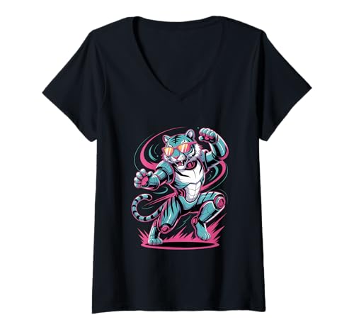 Damen Dabbing Tiger mit Sonnenbrille tanzendes Dabbing Tier T-Shirt mit V-Ausschnitt von Dancing Dabbing Tiger With Sunglasses