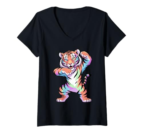 Damen Dabbing Tiger mit Sonnenbrille tanzendes Dabbing Tier T-Shirt mit V-Ausschnitt von Dancing Dabbing Tiger With Sunglasses