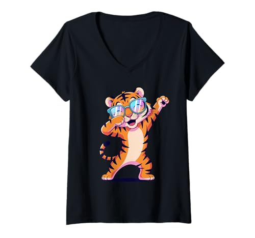 Damen Dabbing Tiger mit Sonnenbrille tanzendes Dabbing Tier T-Shirt mit V-Ausschnitt von Dancing Dabbing Tiger With Sunglasses