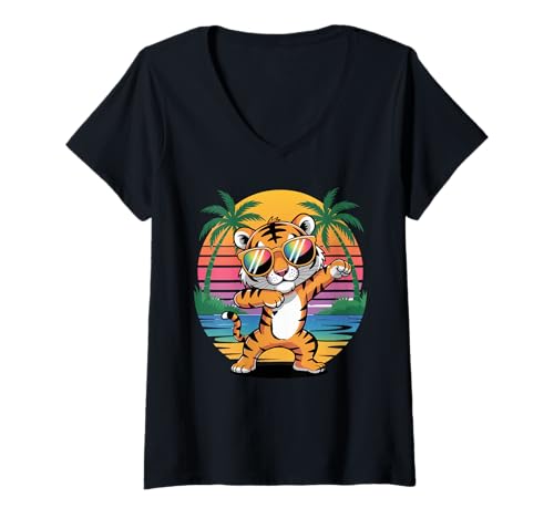 Damen Dabbing Tiger mit Sonnenbrille tanzendes Dabbing-Tier große Katze T-Shirt mit V-Ausschnitt von Dancing Dabbing Tiger With Sunglasses