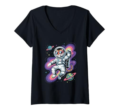 Damen Space Dabbing Tiger mit Sonnenbrille tanzendes Dabbing-Tier T-Shirt mit V-Ausschnitt von Dancing Dabbing Tiger With Sunglasses