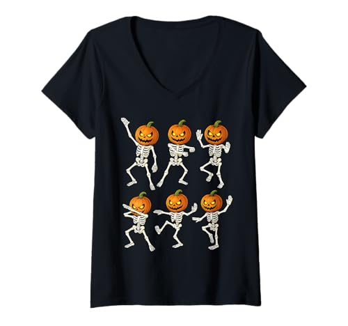 Damen Lustige Tanzende Jack O Laterne Posen Dance Challenge Halloween T-Shirt mit V-Ausschnitt Damen Lustige Tanzende Jack O Laterne Posen Dance Challenge Halloween T-Shirt mit V-Ausschnitt von Dancing Jack O Lantern Skeleton Halloween Party
