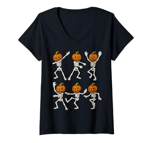 Damen Lustige Tanzende Jack O Laterne Posen Dance Challenge Halloween T-Shirt mit V-Ausschnitt Damen Lustige Tanzende Jack O Laterne Posen Dance Challenge Halloween T-Shirt mit V-Ausschnitt von Dancing Jack O Lantern Skeleton Halloween Party