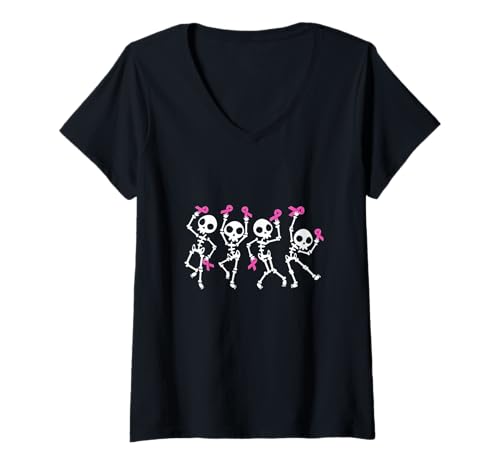 Damen Tanzende Skelette Brustkrebs-Bewusstsein rosa Bänder T-Shirt mit V-Ausschnitt Damen Tanzende Skelette Brustkrebs-Bewusstsein rosa Bänder T-Shirt mit V-Ausschnitt von Dancing Skeletons Breast Cancer Awareness Tee