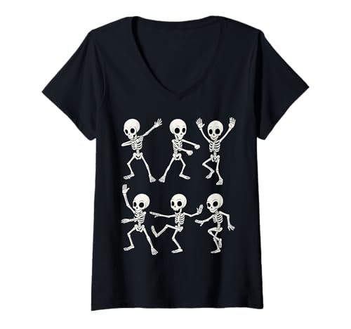 Damen Lustiges tanzendes Skelett Posen Tanz-Herausforderung Halloween T-Shirt mit V-Ausschnitt von Dancing Skeletons Halloween Party