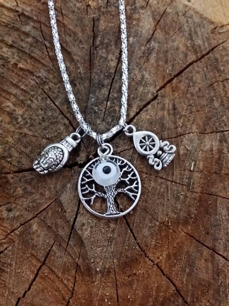 Das Leben Ist Gut Dharma Rad Om Buddha Hamsa Evil Eye Hand Anhänger Silber Halskette 18 "Haling Cluster 4 Charms Das Leben Ist Gut Dharma Rad Om Buddha Hamsa Evil Eye Hand Anhänger Silber Halskette 18 "Haling Cluster 4 Charms von DancingGypsies