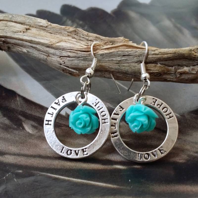Glaube Liebe Hoffnung Maya Blau Rose Offener Kreis Spiritueller Baumeln Medaillon Silber Ohrringe von DancingGypsies