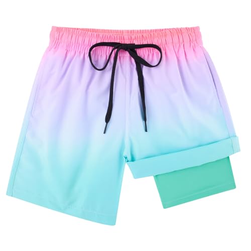 Dancinova Badehose Jungen Badeshort Kinder Kompression Liner Badeshorts Farbverlauf Rosa Schwimmhose mit Boxershorts Liner 8 Jahre von Dancinova