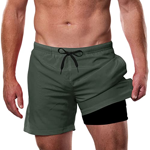 Dancinova Badehose für Herren bademode Männer Schwimmhose mit Kompression Liner 2 in 1 Summer Short Atmungsaktiv, Grün, M von Dancinova