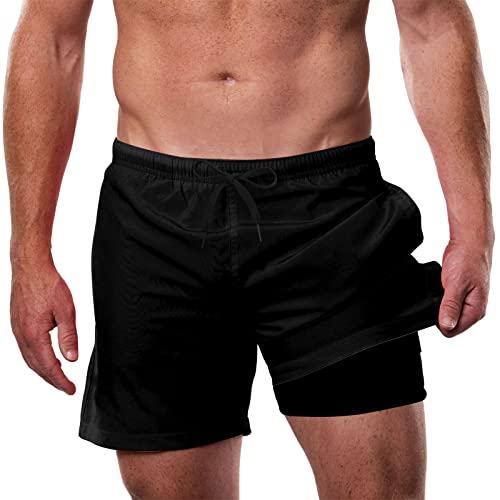 Dancinova Badehose für Herren bademode Männer Schwimmhose mit Kompression Liner 2 in 1 Summer Short Atmungsaktiv, Schwarz, L von Dancinova